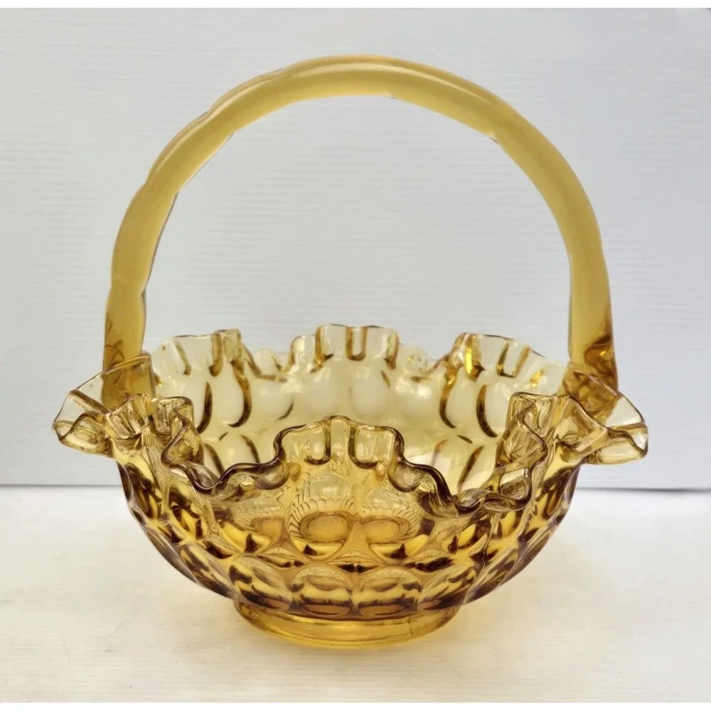 Vintage Fenton Colonial Amber Thumbprint Glass Basket  8